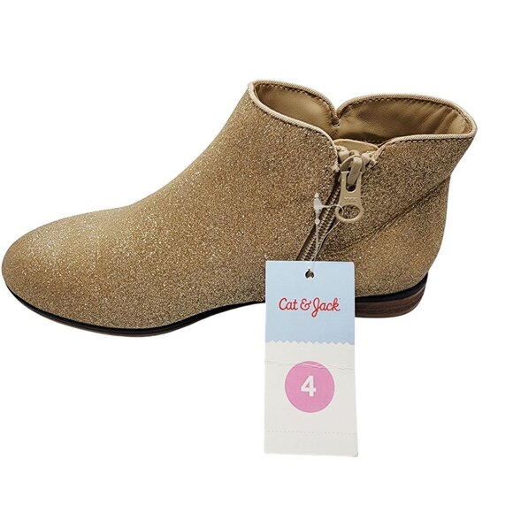 Cat & Jack Girls Glitter Gold Ankle Boots Size 4 With Side Zipper Closure - Picture 2 of 9